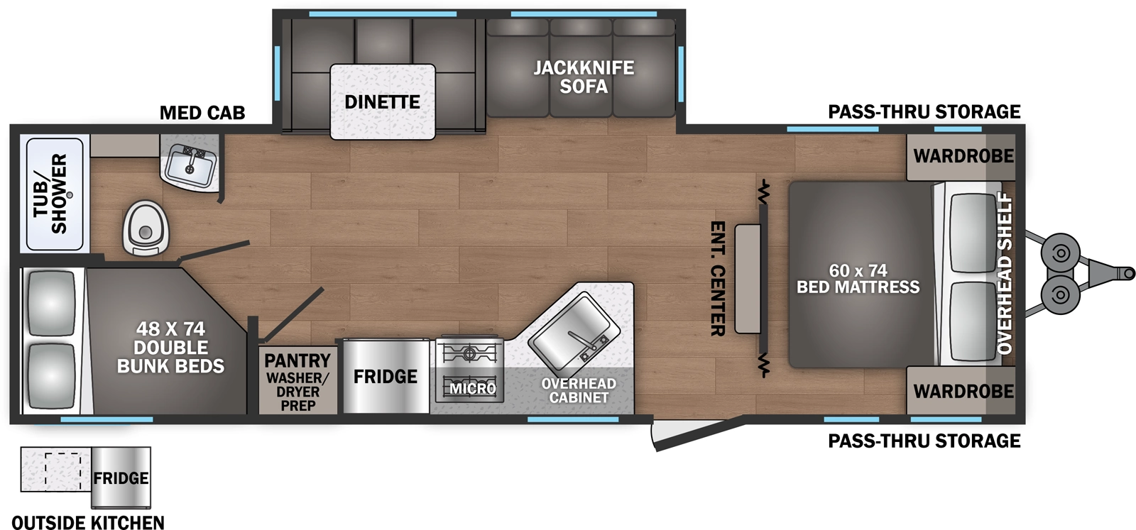 The Shasta I-5 Edition & Compact 527BHS floorplan has one entry and one slide out. Exterior features include: metal exterior and outside kitchen. Interiors features include: bunk beds and front bedroom.